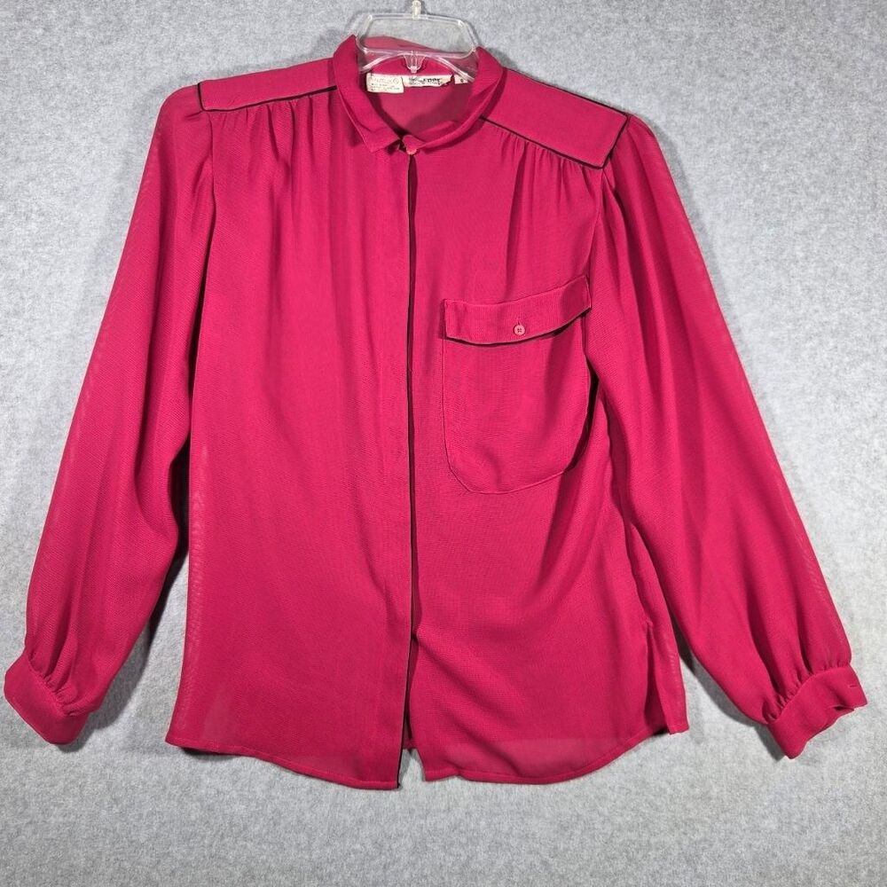 Vintage Kenar Womens Blouse Size 8 Magenta Pink Long Sleeve Button Front Sheer